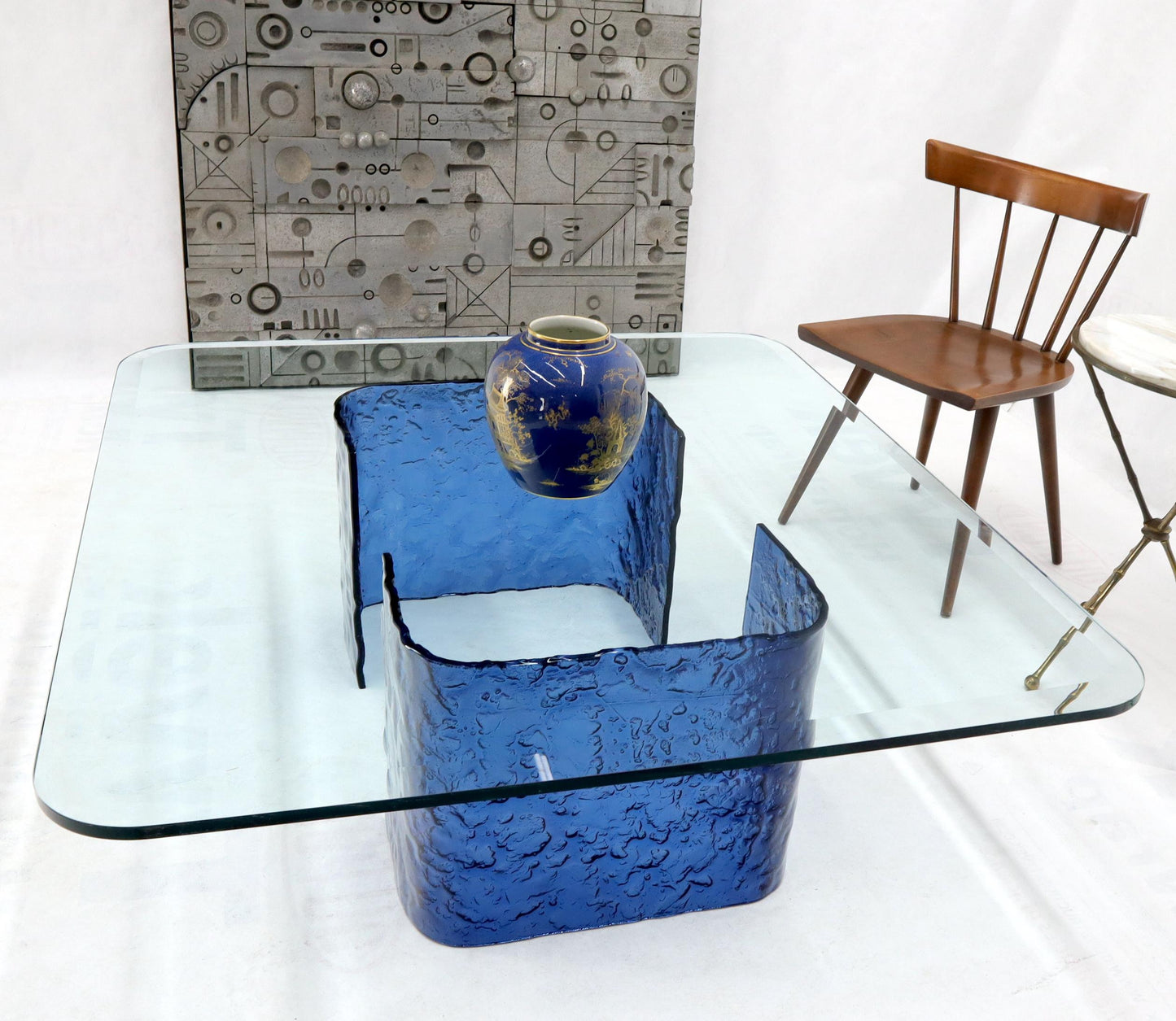 Large Blue Molten & Bent Glass C-Shape Base Glass Top Coffee Table