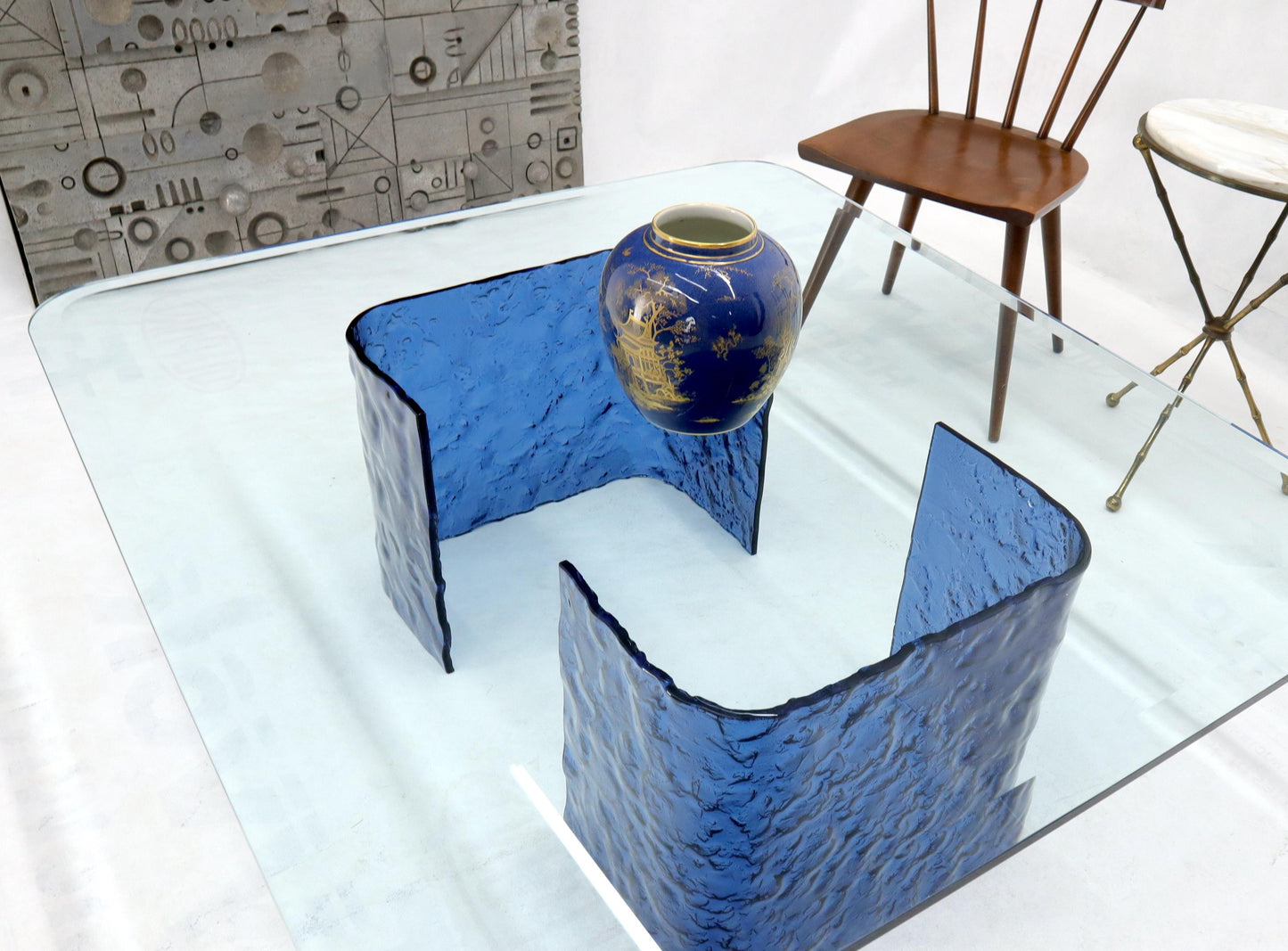 Large Blue Molten & Bent Glass C-Shape Base Glass Top Coffee Table