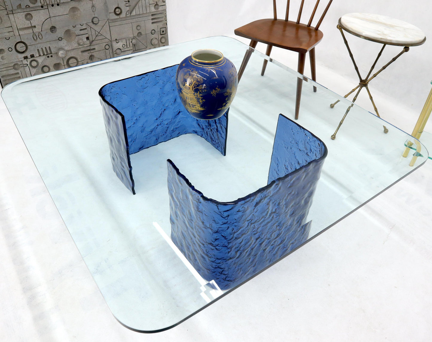 Large Blue Molten & Bent Glass C-Shape Base Glass Top Coffee Table