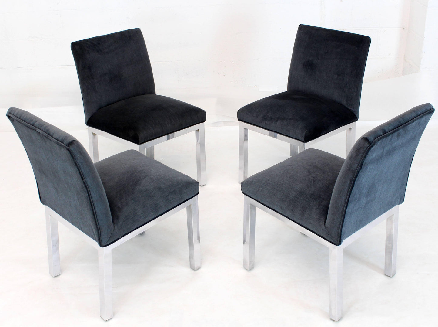 Set of Four Chrome and Mohair Upholstery Dining Side Chairs