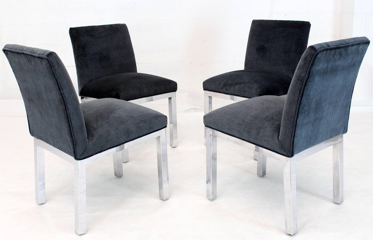 Set of Four Chrome and Mohair Upholstery Dining Side Chairs