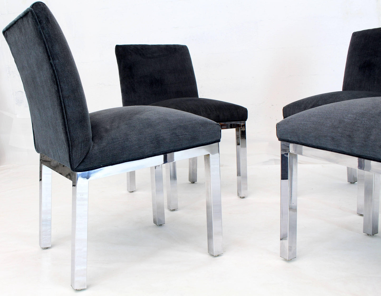 Set of Four Chrome and Mohair Upholstery Dining Side Chairs