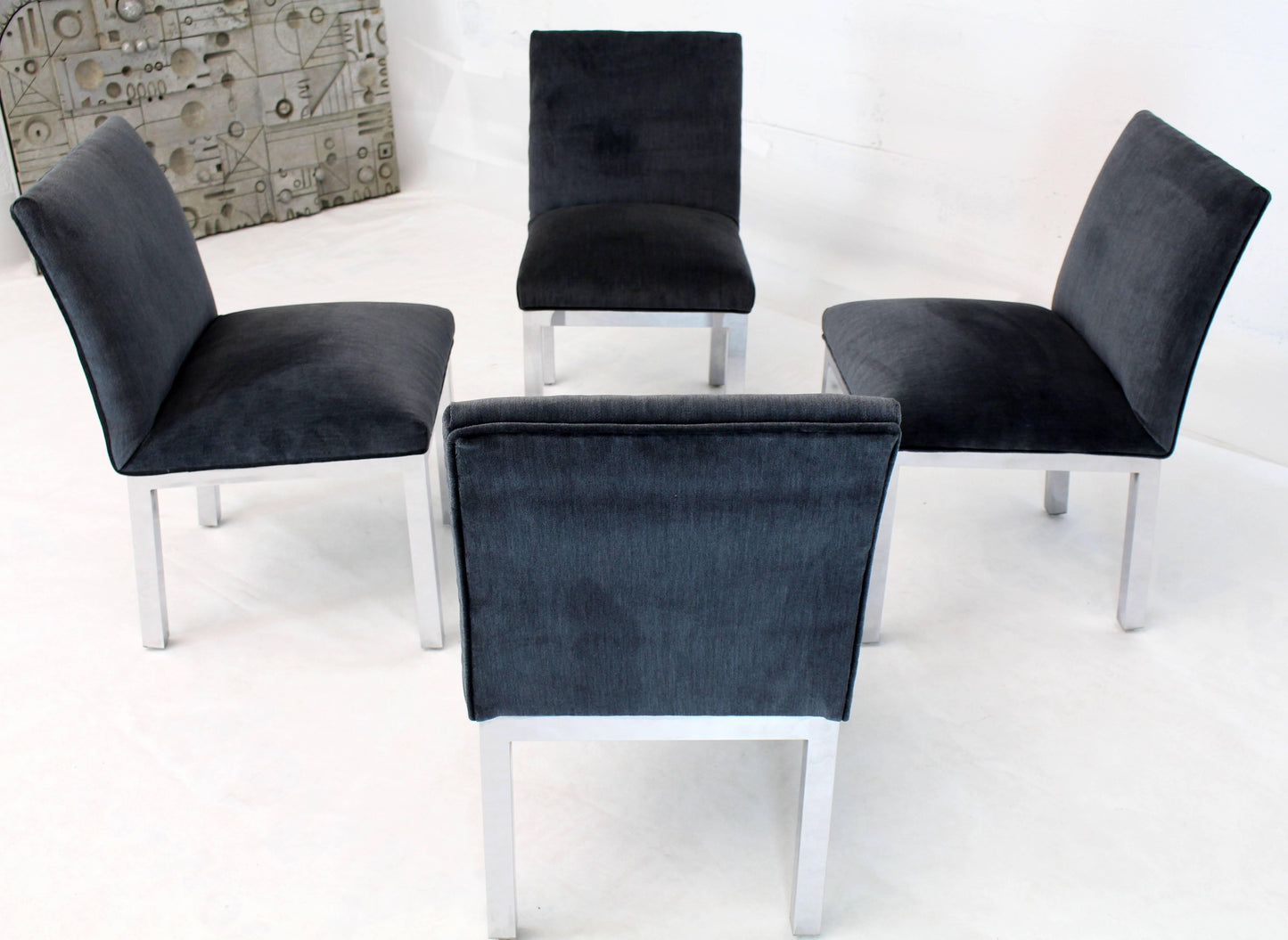 Set of Four Chrome and Mohair Upholstery Dining Side Chairs