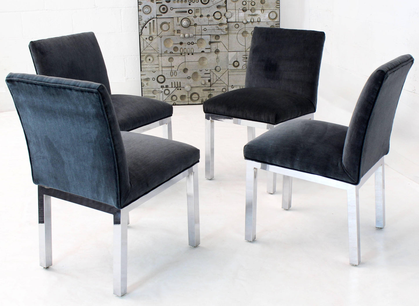 Set of Four Chrome and Mohair Upholstery Dining Side Chairs