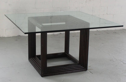 Large Square Thick Glass Top Rattan Cube Base Dining Conference Table