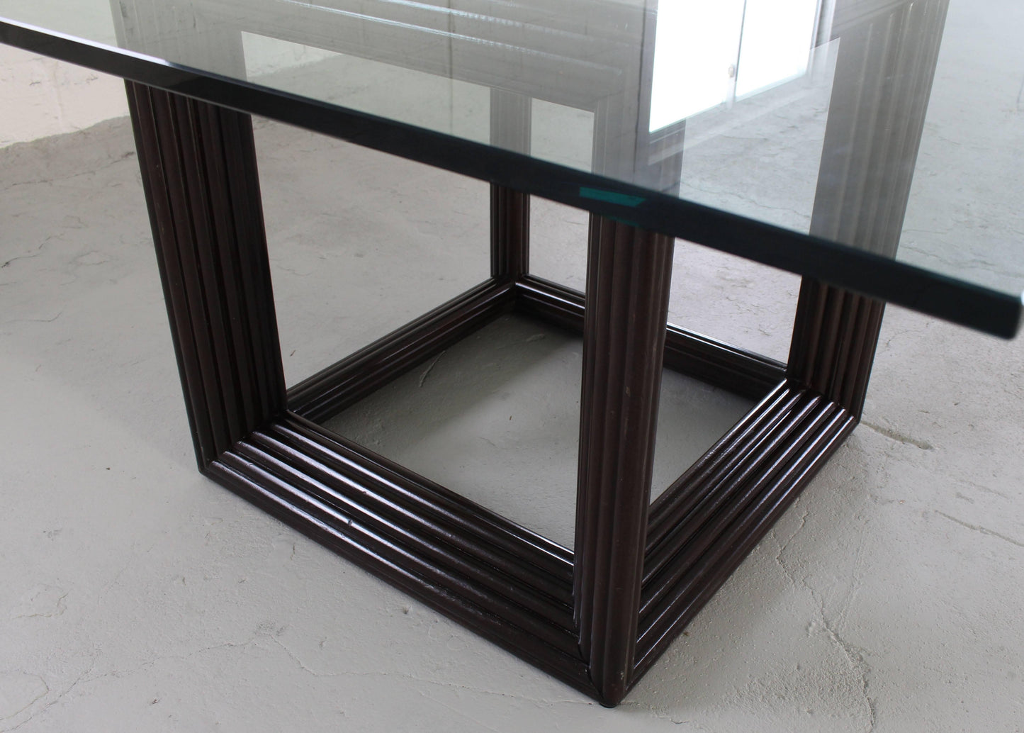 Large Square Thick Glass Top Rattan Cube Base Dining Conference Table