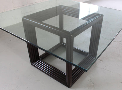 Large Square Thick Glass Top Rattan Cube Base Dining Conference Table