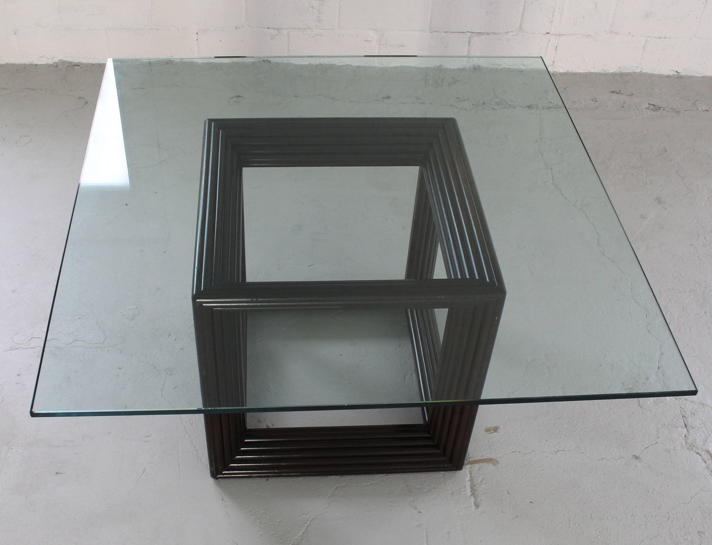 Large Square Thick Glass Top Rattan Cube Base Dining Conference Table