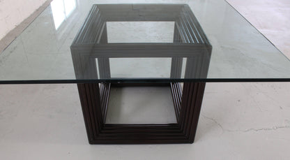 Large Square Thick Glass Top Rattan Cube Base Dining Conference Table