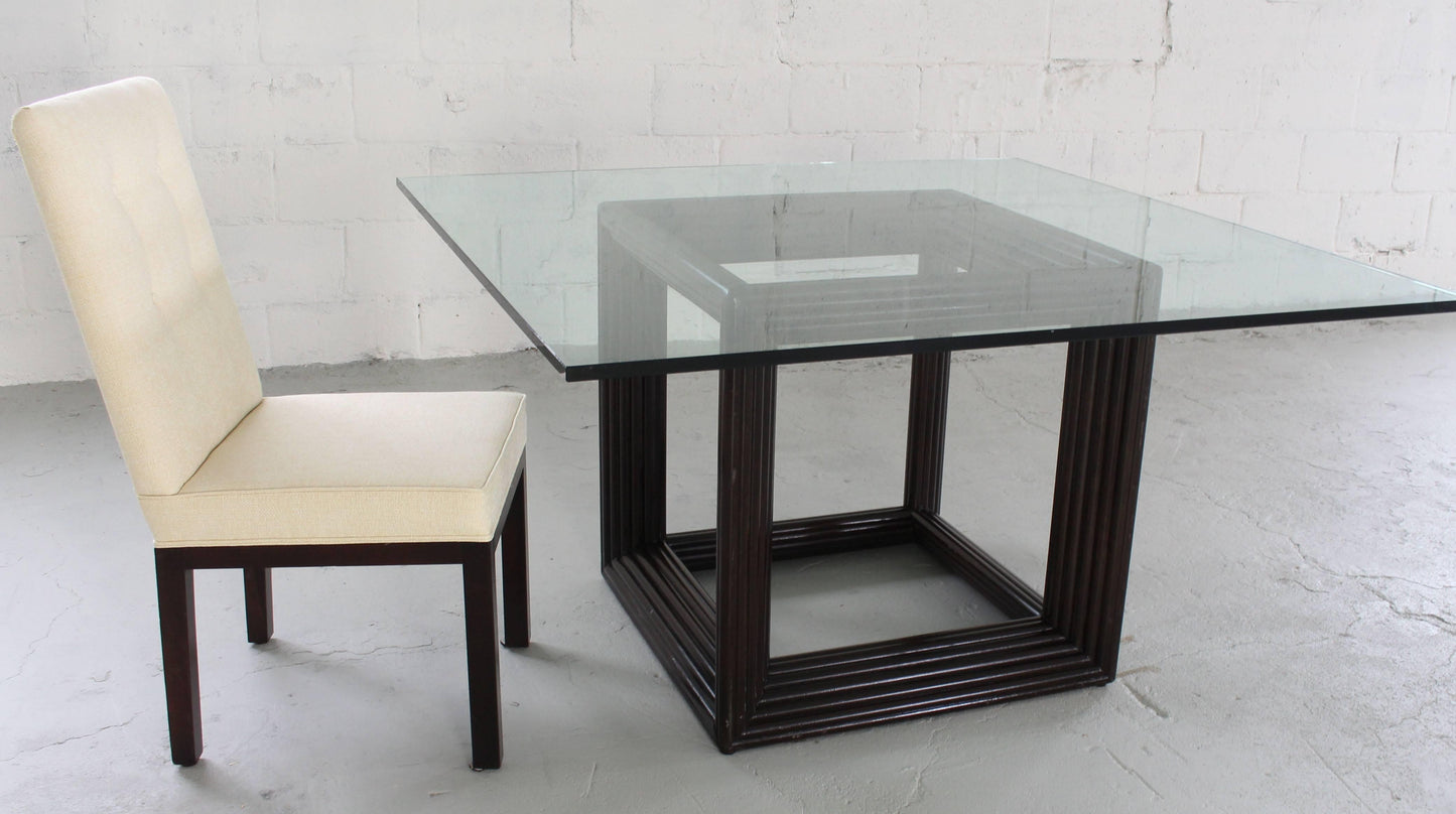 Large Square Thick Glass Top Rattan Cube Base Dining Conference Table