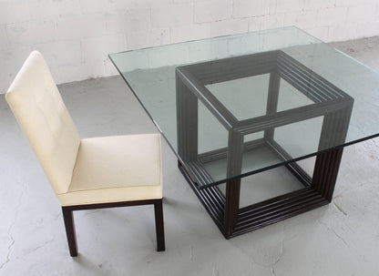 Large Square Thick Glass Top Rattan Cube Base Dining Conference Table