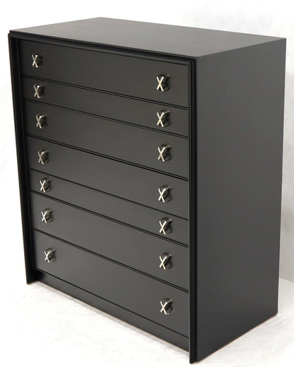 Paul Frankl Mid-Century Modern High Tall Chest Dresser in Black Lacquer Nickel