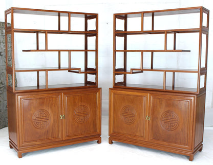 Pair of Asian Solid Teak Étagères Double Carved Doors Cabinets