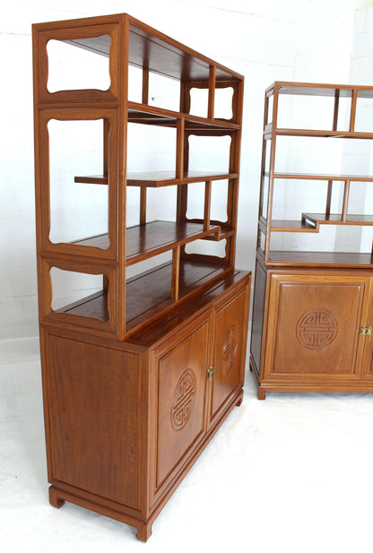 Pair of Asian Solid Teak Étagères Double Carved Doors Cabinets