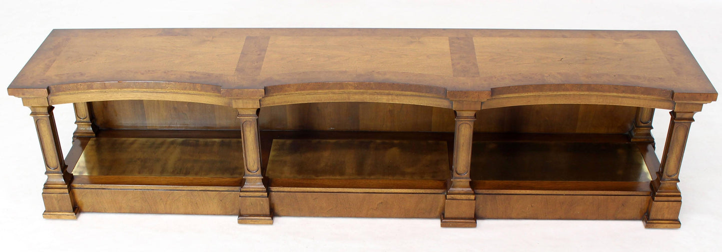 Low Profile Burl Wood Banded Credenza Display Bench or Table with Brass Shelf