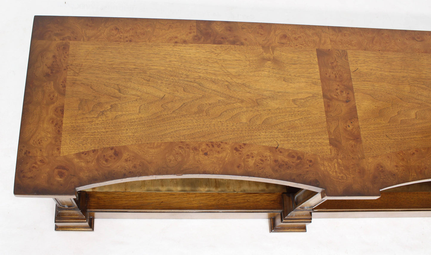 Low Profile Burl Wood Banded Credenza Display Bench or Table with Brass Shelf