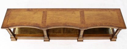 Low Profile Burl Wood Banded Credenza Display Bench or Table with Brass Shelf