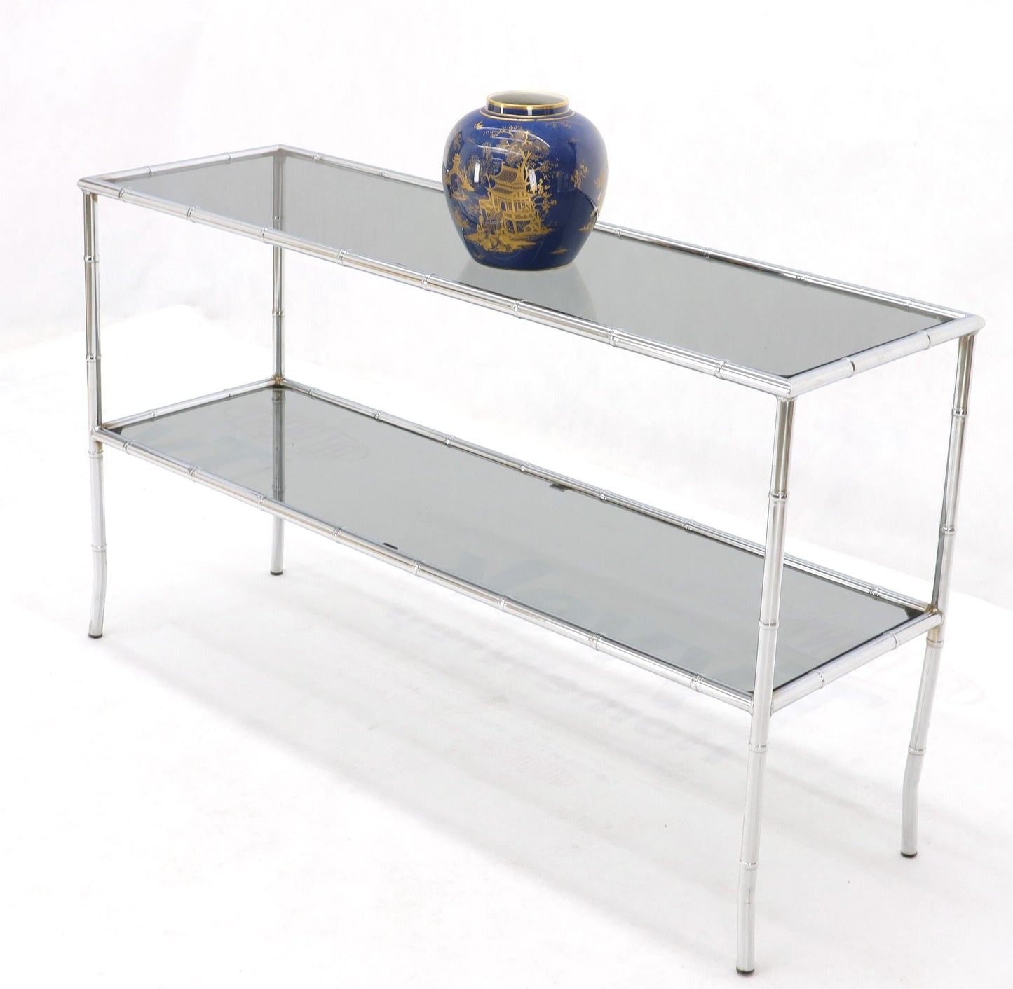 Faux Chrome Bamboo Smoked Glass Two-Tier Sofa Console Table