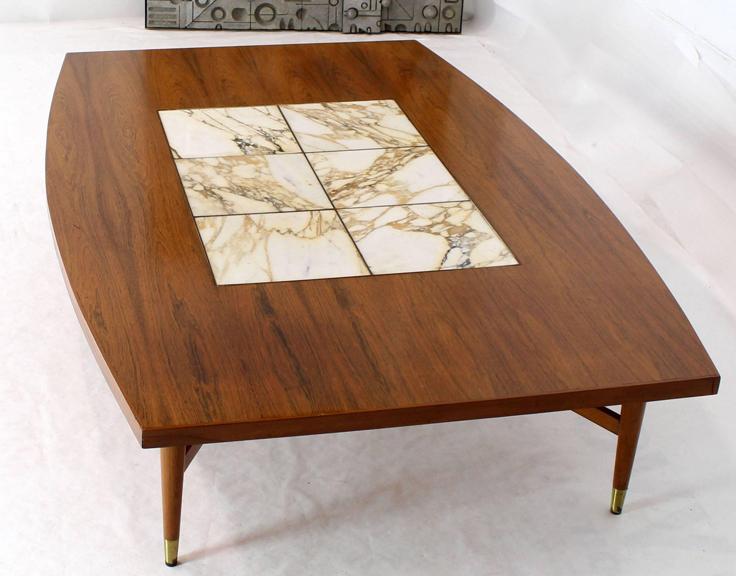 Large Oversize Boat Shape Rosewood & Walnut Coffee Table Brass Inlay Marble Tile