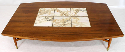 Large Oversize Boat Shape Rosewood & Walnut Coffee Table Brass Inlay Marble Tile