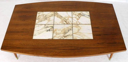 Large Oversize Boat Shape Rosewood & Walnut Coffee Table Brass Inlay Marble Tile