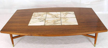 Large Oversize Boat Shape Rosewood & Walnut Coffee Table Brass Inlay Marble Tile