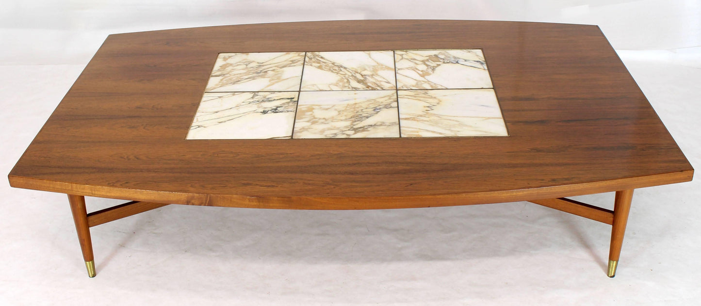 Large Oversize Boat Shape Rosewood & Walnut Coffee Table Brass Inlay Marble Tile