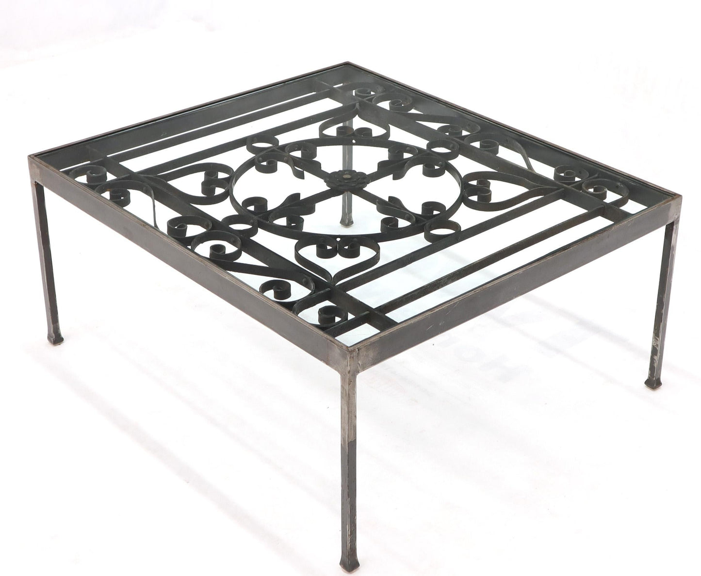 Massive Wide Rectangle Glass Top Wrought Iron Coffee Center Table