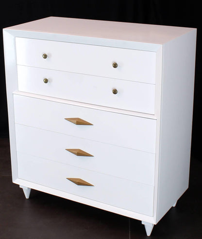 White Lacquer Deco Style High Chest Dresser with Diamond Pulls