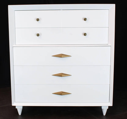 White Lacquer Deco Style High Chest Dresser with Diamond Pulls