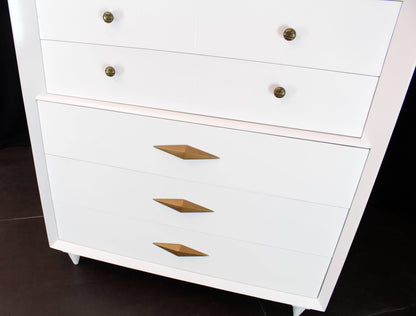 White Lacquer Deco Style High Chest Dresser with Diamond Pulls