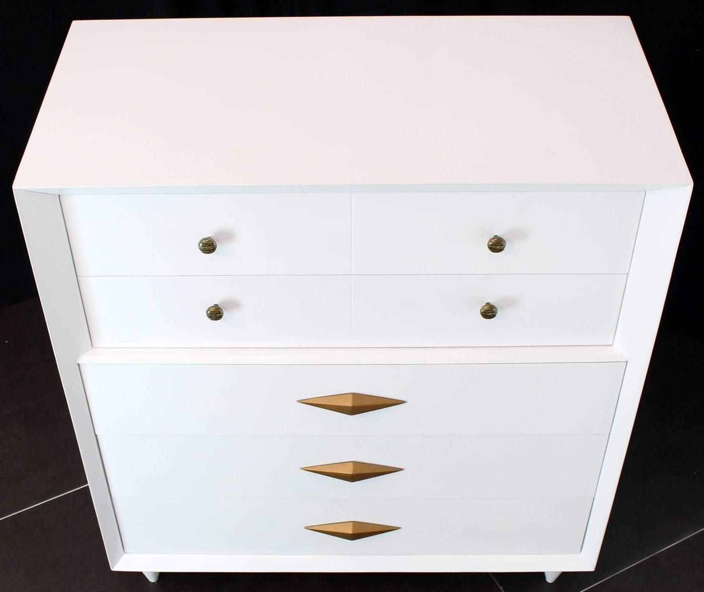 White Lacquer Deco Style High Chest Dresser with Diamond Pulls