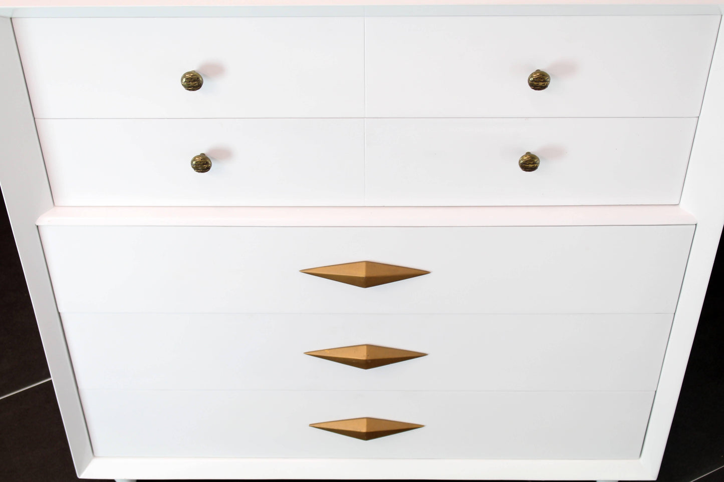 White Lacquer Deco Style High Chest Dresser with Diamond Pulls