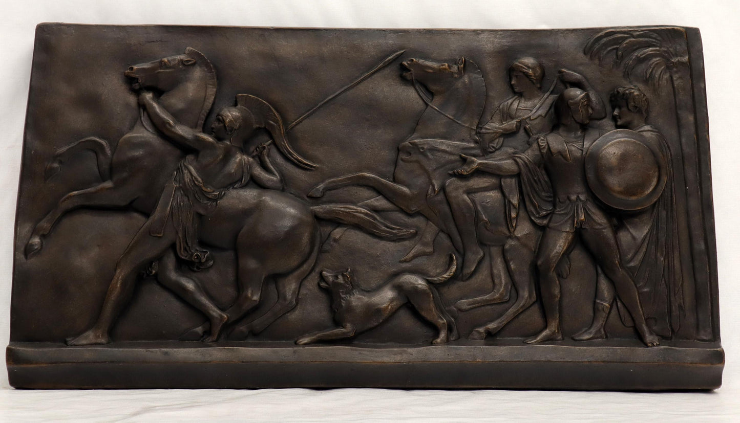 Large Roman or Greek Battle Scene Heavy Fiberglass Plaque Bronze Patina