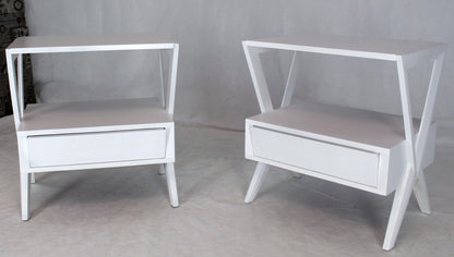 Mid-Century Modern White Lacquer One Drawer X-Bases End Tables Nightstands, Pair