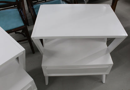 Mid-Century Modern White Lacquer One Drawer X-Bases End Tables Nightstands, Pair