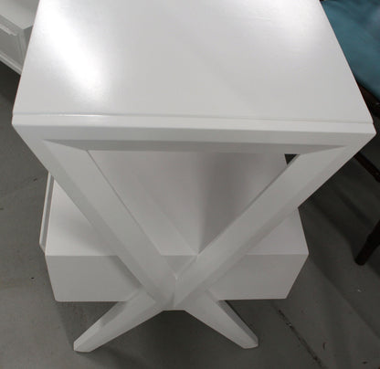 Mid-Century Modern White Lacquer One Drawer X-Bases End Tables Nightstands, Pair