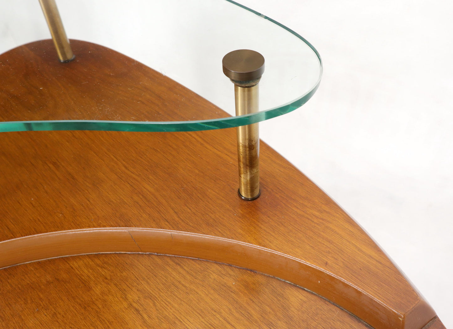 Kidney Comma Shape Two Tier Glass Walnut & Brass Conical Leg Coffee Side Table