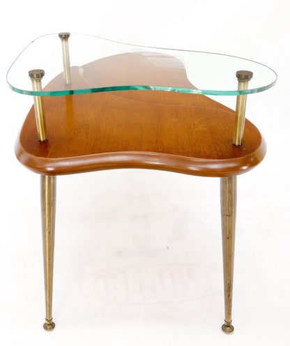 Kidney Comma Shape Two Tier Glass Walnut & Brass Conical Leg Coffee Side Table