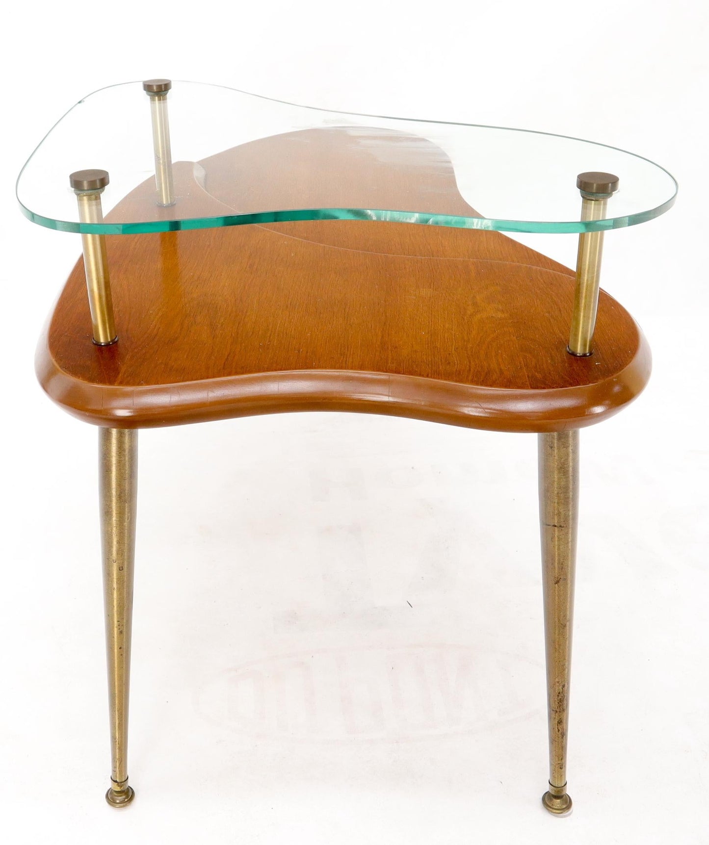 Kidney Comma Shape Two Tier Glass Walnut & Brass Conical Leg Coffee Side Table