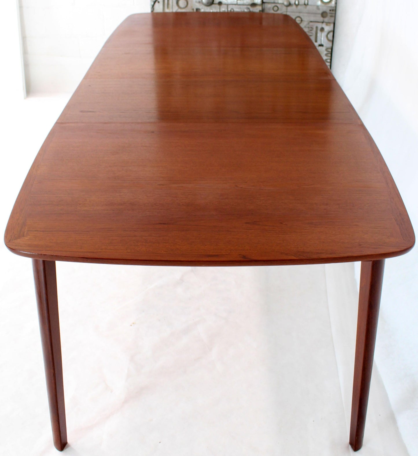 Danish Teak Mid-Century Modern Dining Banquet Table Self Storing Folding Leafs