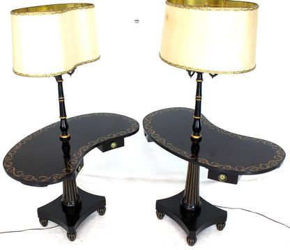 Pair of Black Lacquer Gold Decorated Kidney Shape Deco Floor Lamps Side Tables