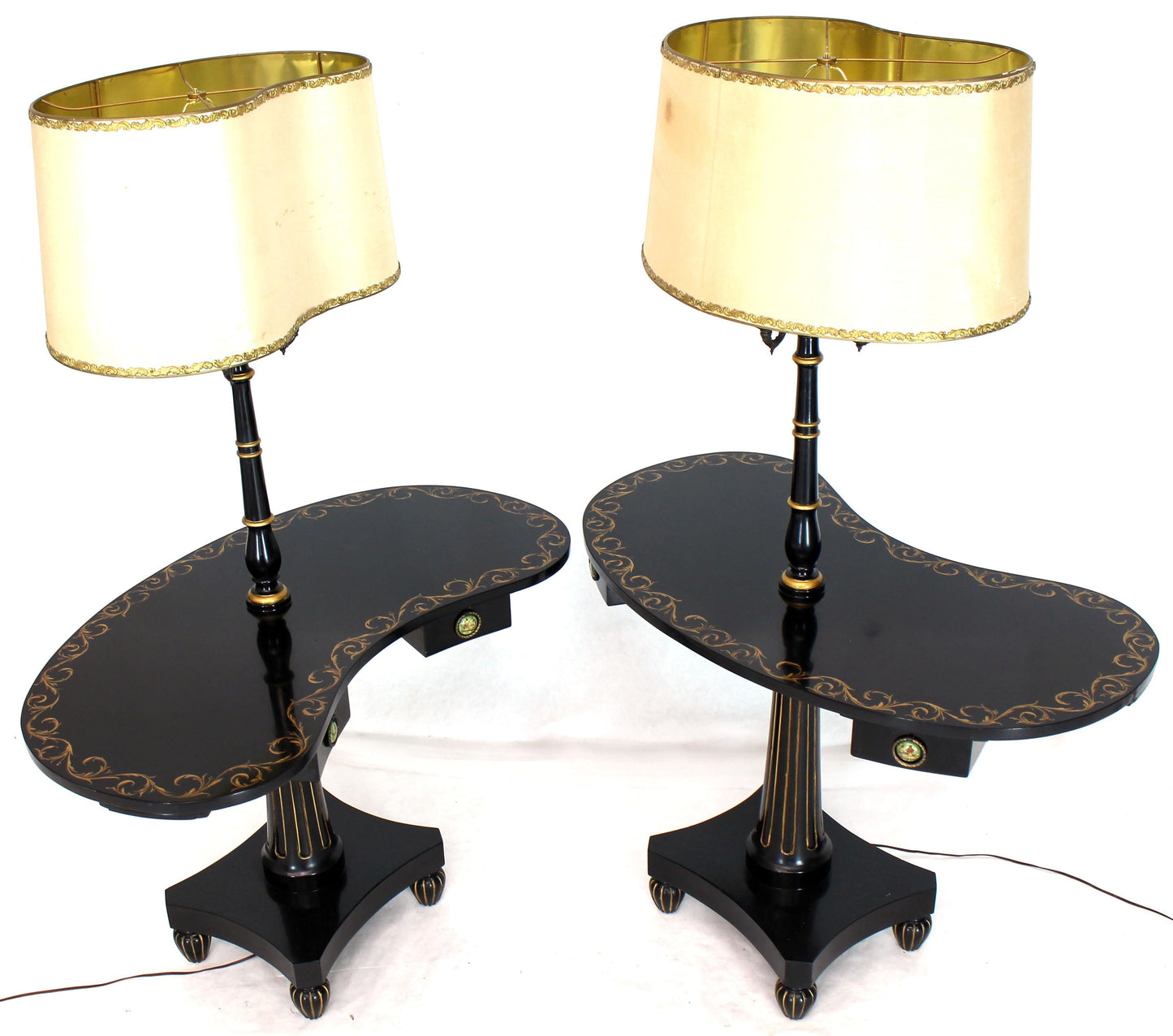 Pair of Black Lacquer Gold Decorated Kidney Shape Deco Floor Lamps Side Tables