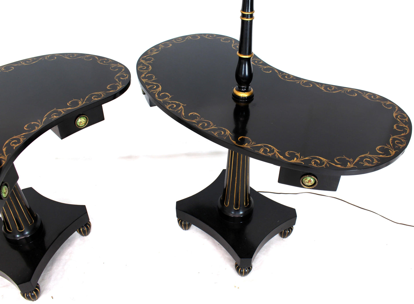 Pair of Black Lacquer Gold Decorated Kidney Shape Deco Floor Lamps Side Tables