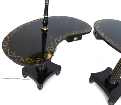 Pair of Black Lacquer Gold Decorated Kidney Shape Deco Floor Lamps Side Tables