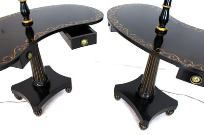 Pair of Black Lacquer Gold Decorated Kidney Shape Deco Floor Lamps Side Tables