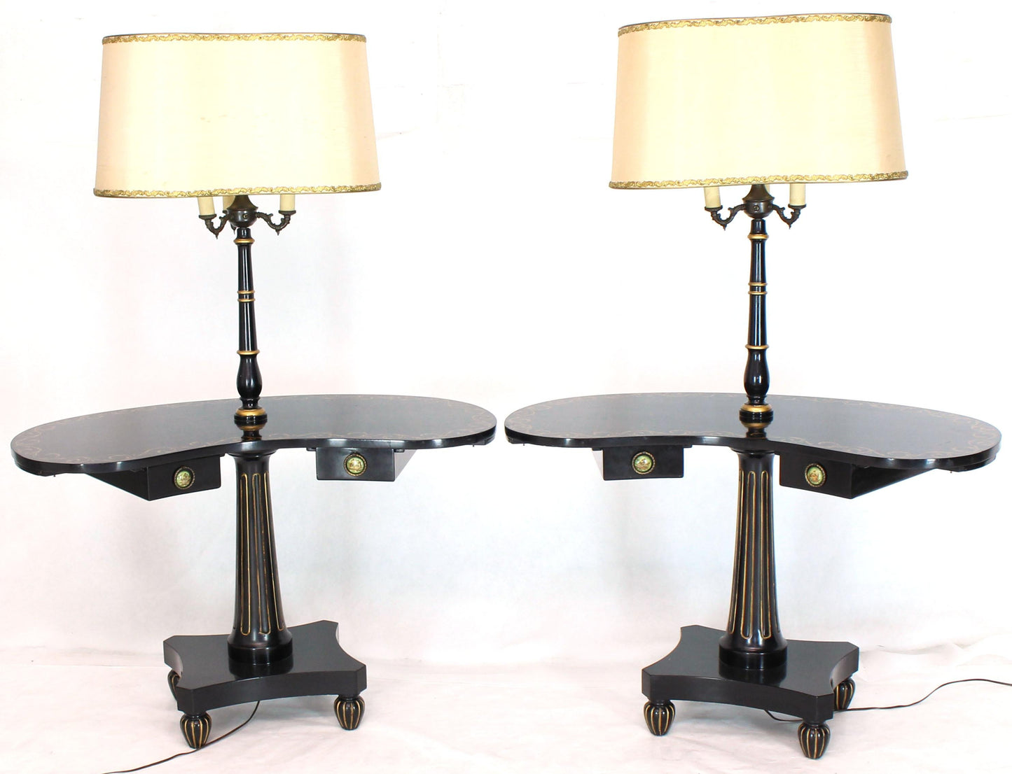 Pair of Black Lacquer Gold Decorated Kidney Shape Deco Floor Lamps Side Tables