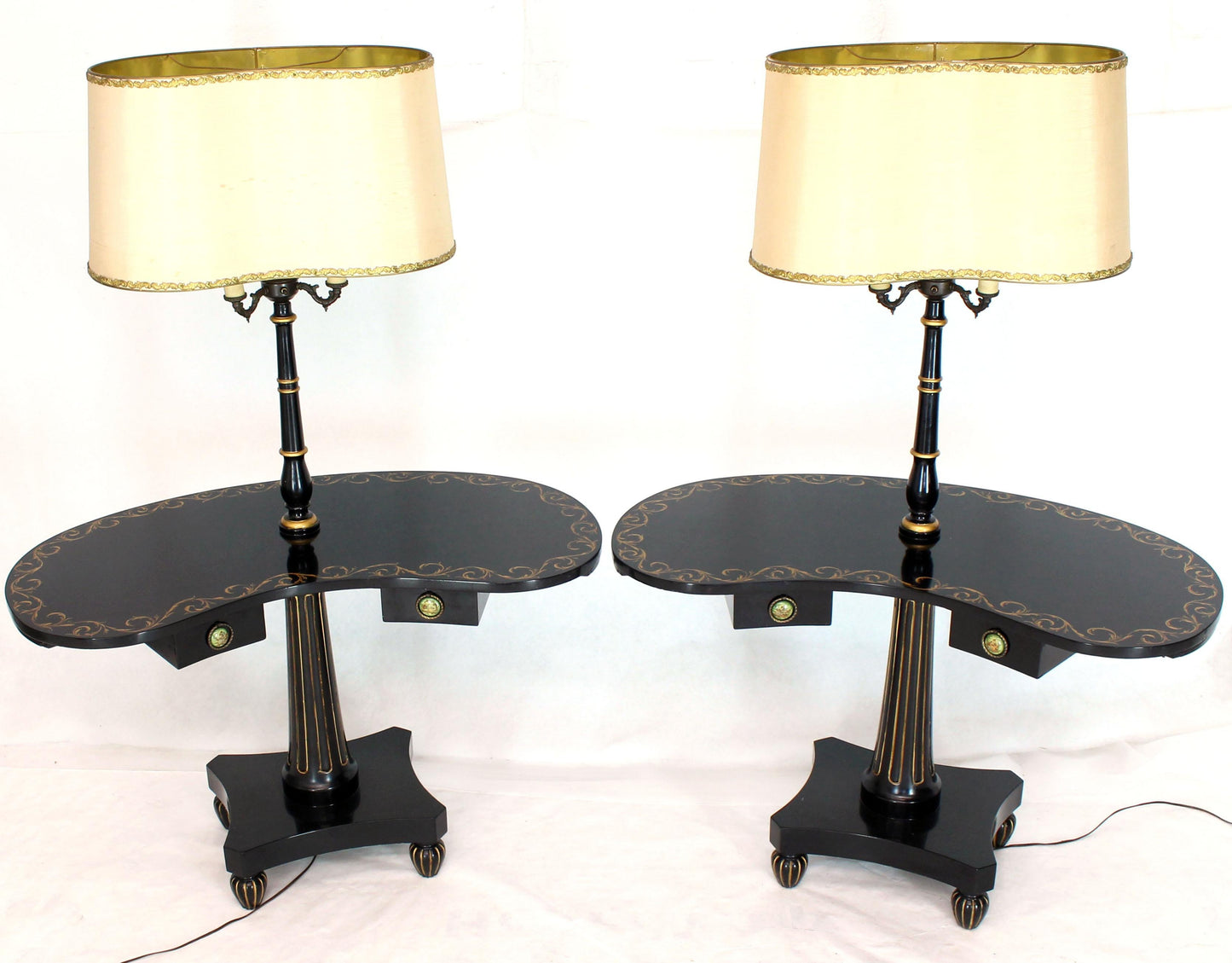 Pair of Black Lacquer Gold Decorated Kidney Shape Deco Floor Lamps Side Tables