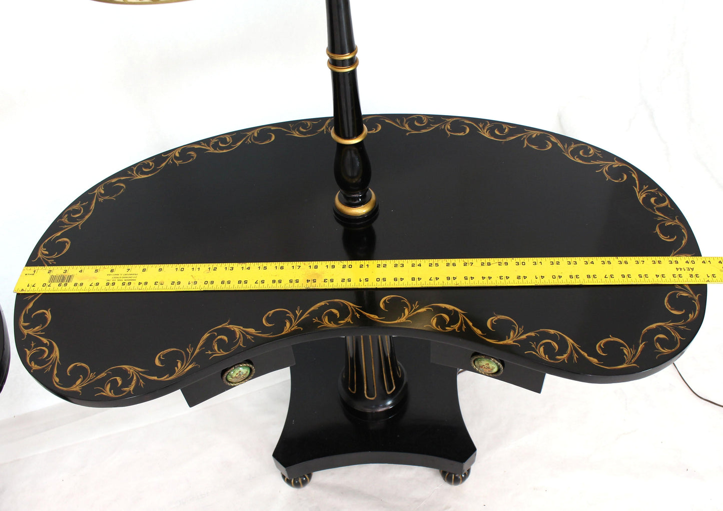 Pair of Black Lacquer Gold Decorated Kidney Shape Deco Floor Lamps Side Tables