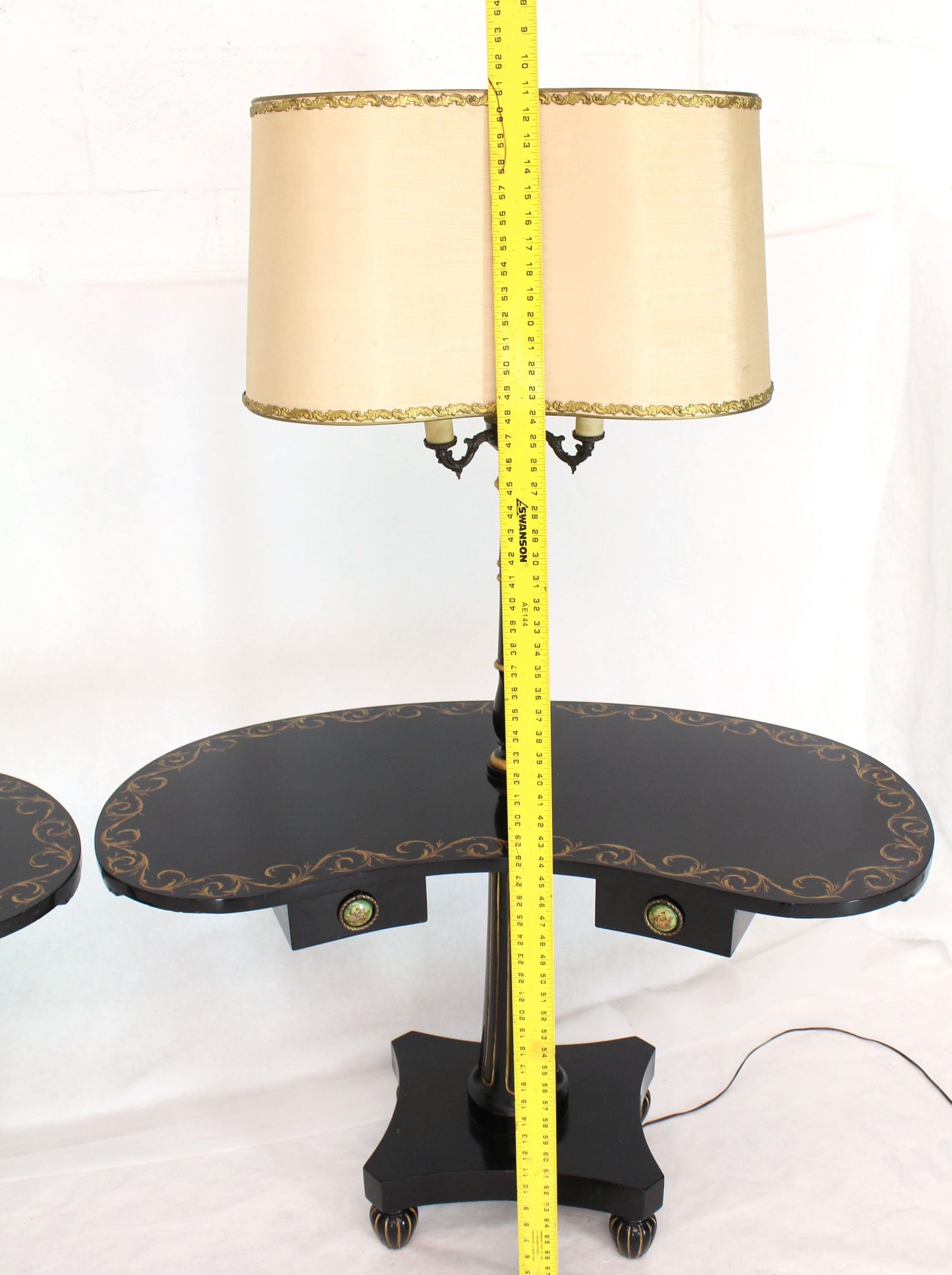 Pair of Black Lacquer Gold Decorated Kidney Shape Deco Floor Lamps Side Tables